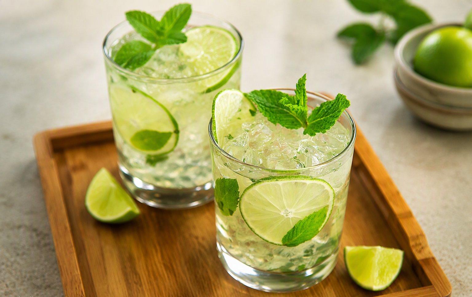 Due mojito con menta e lime sul vassoio di legno