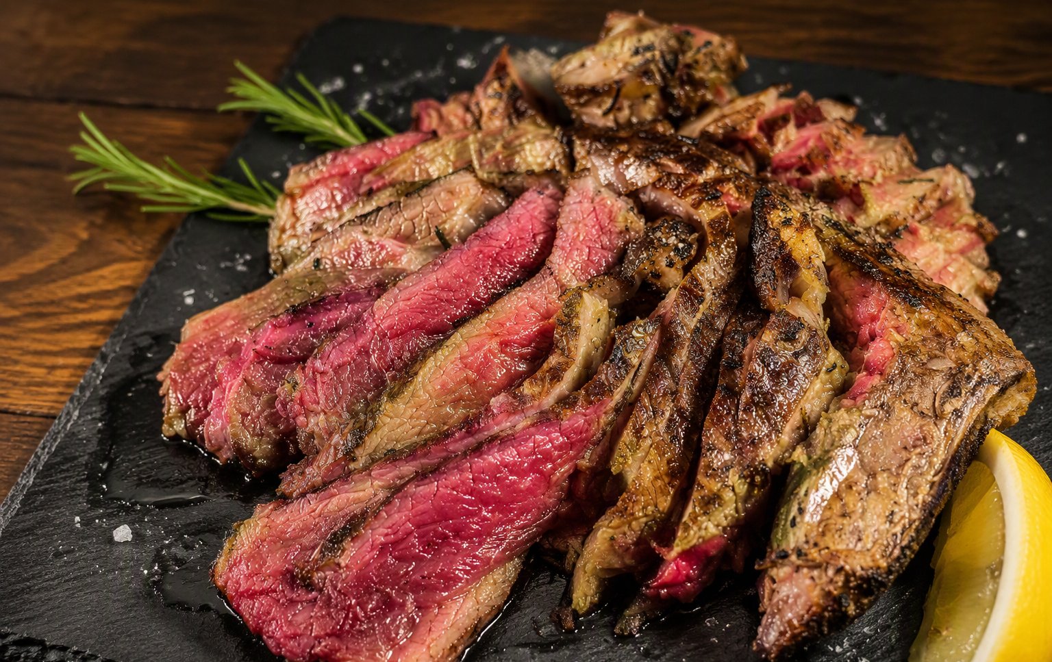 La tagliata di manzo affettata rosata, con rosmarino e limone